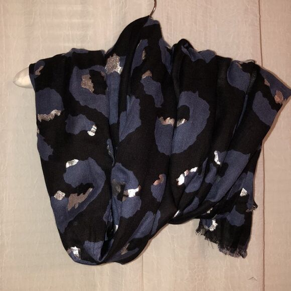 Black Purple Silver Metallic Leopard Print Long Scarf Wrap - Picture 2 of 5